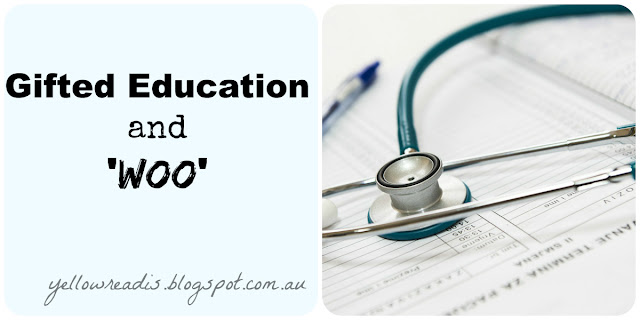 text: Gifted Education and 'woo' , yellowreadis.com Image: stethoscope and medical forms