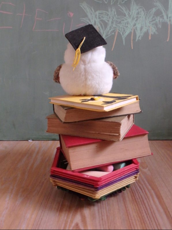 Image: Toy Owl sitting on books looking at a blackboard